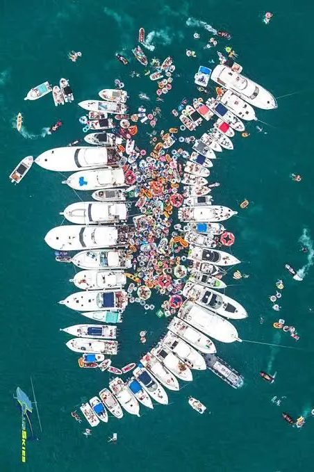Fuikdag Curazao: barcos y fiesteros reunidos en la bahía de Fuik, vista aérea